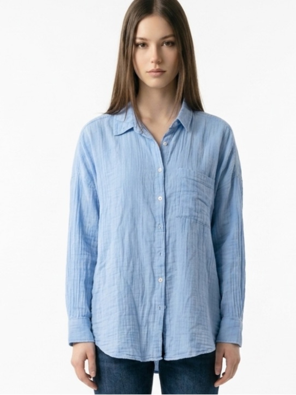Eileen fisher 1X light blue cotton gauze button down collared blouse nwt